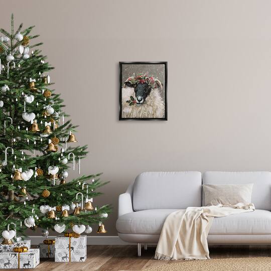 Stupell Industries Holiday Berries Farmhouse Sheep Framed Floater Canvas Wall Art